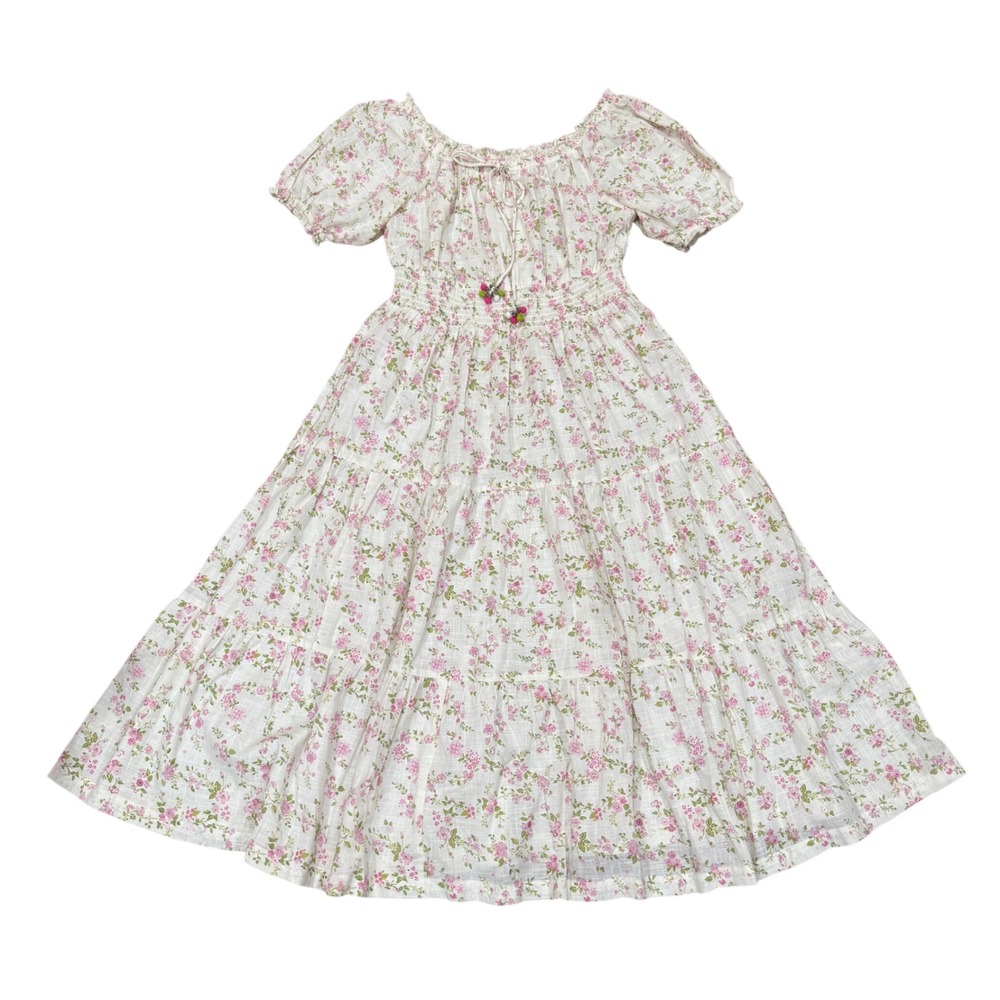 Bombay Paisley Floral Smocked Midi Dress Pink Green Cottagecore Tassel Size M